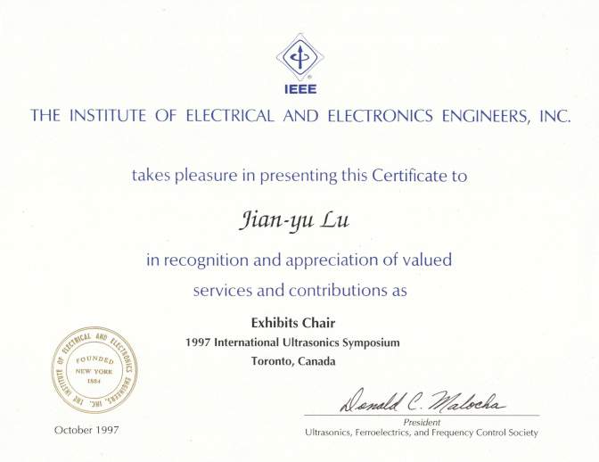  * Exhibits Chair, 1997 IEEE International Ultrasonics Symposium (IUS), Toronto, Canada * 